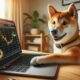 Shiba Inu dog looking at Bitcoin price chart on laptop