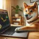 Shiba Inu dog looking at Bitcoin price chart on laptop