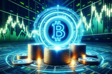 Bitcoin price visualization with holographic symbol and stacked coins