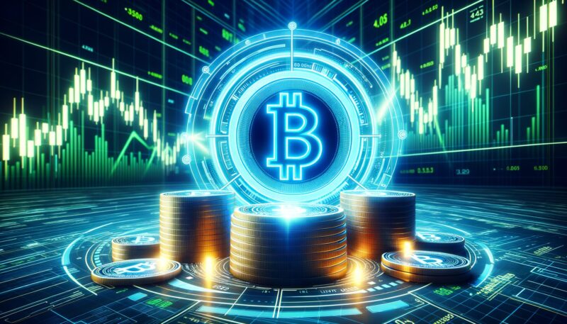 Bitcoin price visualization with holographic symbol and stacked coins