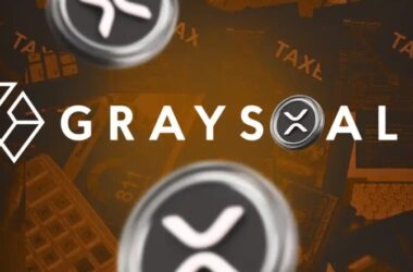 Grayscale logo with XRP coins on financial document background