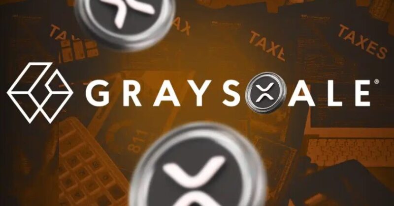 Grayscale logo with XRP coins on financial document background