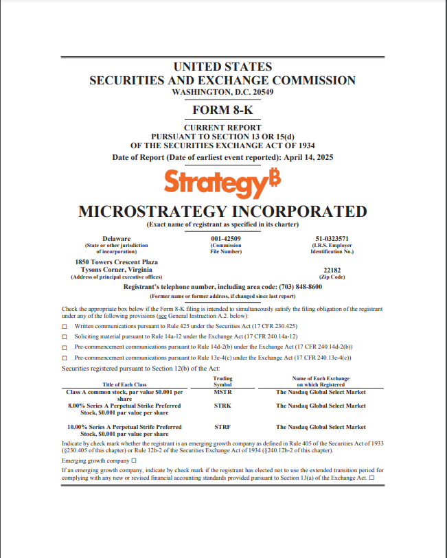 SEC Form 8-K filing showing MicroStsrategy's latest Bitscoin purchase details