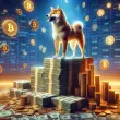 Shiba inu on stacks of gold and cash