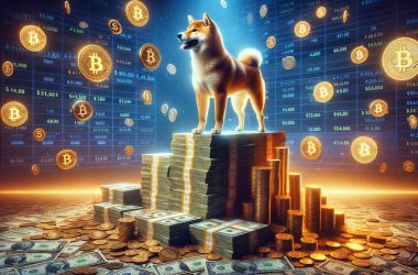 Shiba inu on stacks of gold and cash