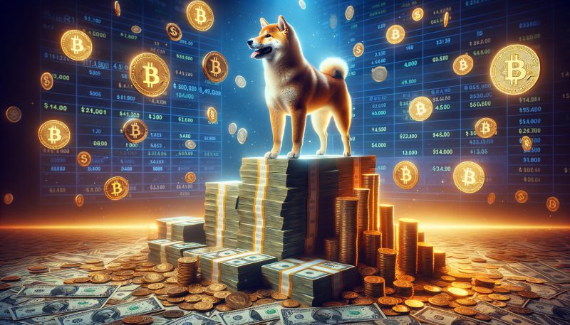 Shiba inu on stacks of gold and cash