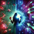 business figure dropping red digital assets on left side, glowing green investment arrows grabbing blue semiconductor chips on right side