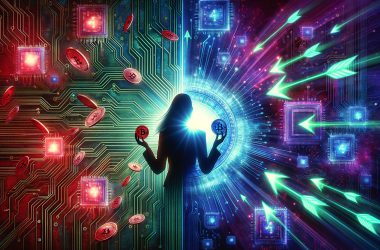 business figure dropping red digital assets on left side, glowing green investment arrows grabbing blue semiconductor chips on right side