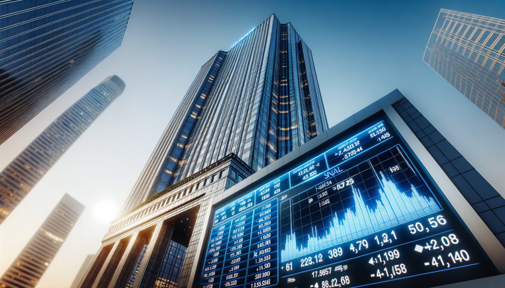 JPMorgan headquarters with stock ticker display