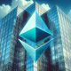 JPMorgan headquarters with Ethereum logo overlay