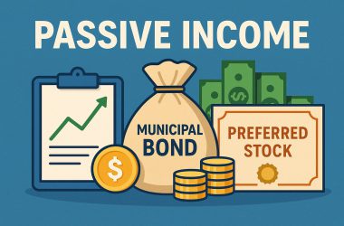 Passive income illustration with dividend chart, municipal bond bag and preferred stock certificate