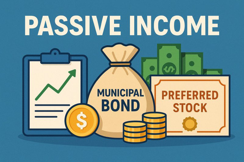 Passive income illustration with dividend chart, municipal bond bag and preferred stock certificate