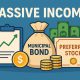Passive income illustration with dividend chart, municipal bond bag and preferred stock certificate