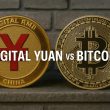Digital Yuan coin and Bitcoin displayed side by side showing China's digital currency versus decentralized cryptocurrency