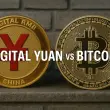 Digital Yuan coin and Bitcoin displayed side by side showing China's digital currency versus decentralized cryptocurrency