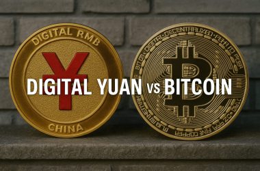 Digital Yuan coin and Bitcoin displayed side by side showing China's digital currency versus decentralized cryptocurrency