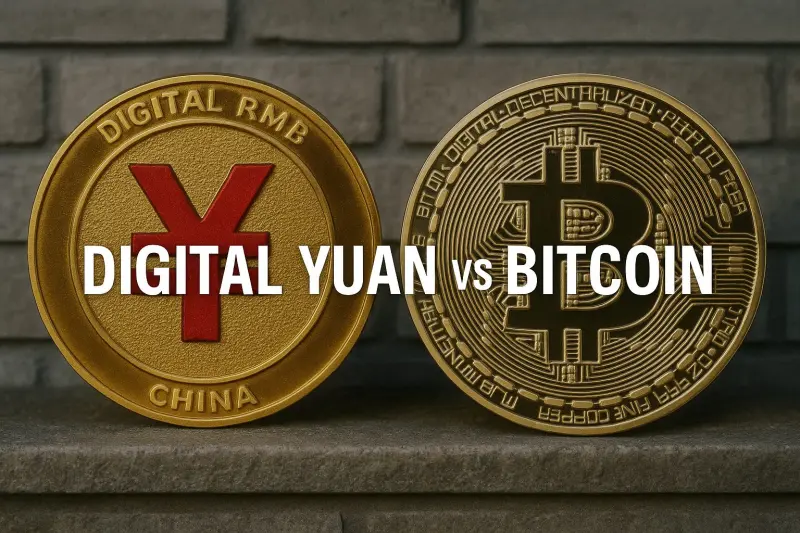 Digital Yuan coin and Bitcoin displayed side by side showing China's digital currency versus decentralized cryptocurrency