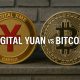 Digital Yuan coin and Bitcoin displayed side by side showing China's digital currency versus decentralized cryptocurrency