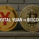 Digital Yuan coin and Bitcoin displayed side by side showing China's digital currency versus decentralized cryptocurrency