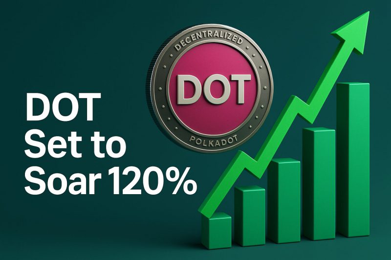 3D rendering of Polkadot DOT coin with upward green chart showing 120% growth potential
