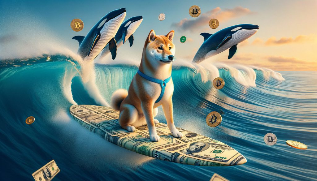 Shiba Inu riding on a surfboard with whales USD