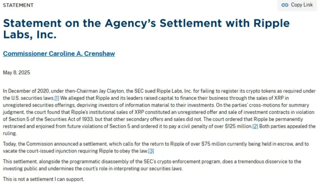 SEC Commissioner Caroline Crenshaw's statement regarding the settlement with Ripple Labs