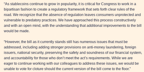Statement from Congress members regarding stablecoin regulation and consumer protection