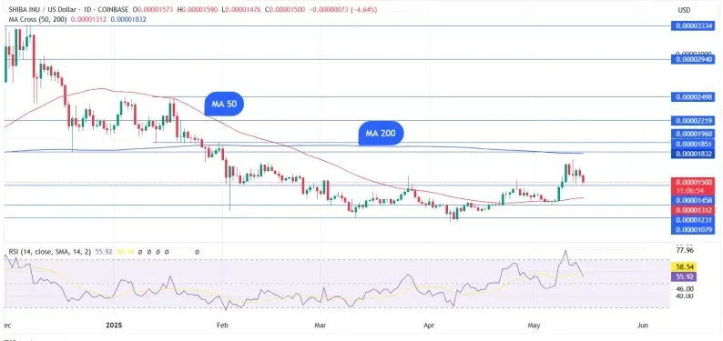 Technical SHIB/USD trading chart showing price movement with support levels and indicators
