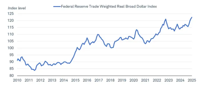 Federal Reserve Trade Weighted Real Broad Dollar Index rising to 15-year high