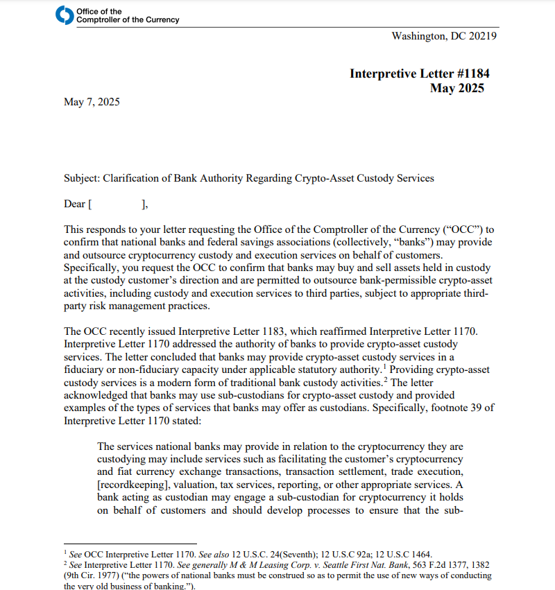 Clarification of Bank Authority Regarding Crypto-Asset Custody Services