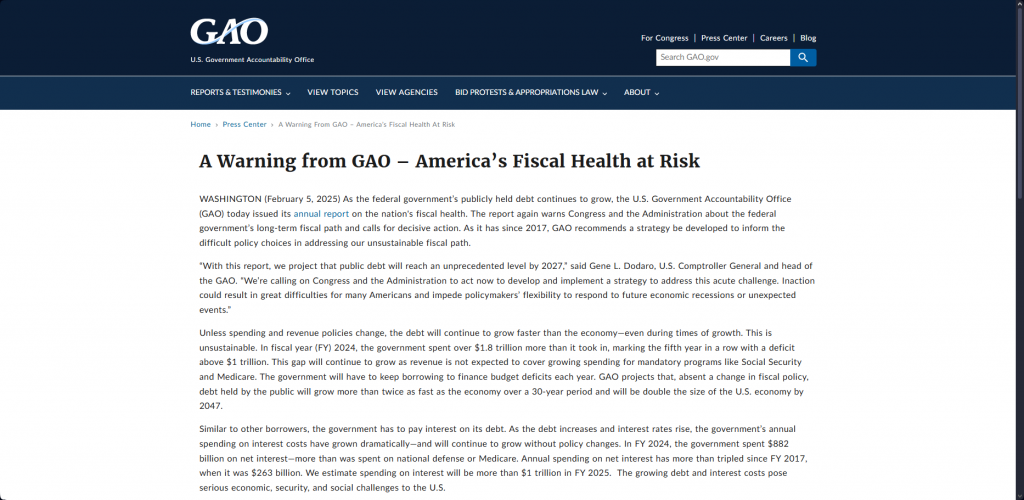 GAO warning about America's fiscal health showing projections of rising debt levels