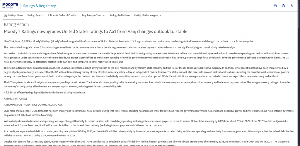 Moody's official downgrade announcement showing the U.S. rating change from Aaa to Aa1