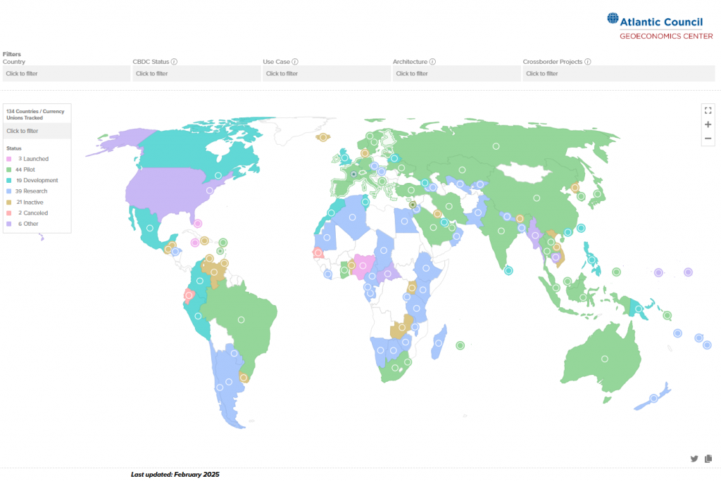 Global CBDC adoption map showing 134 countries exploring digital currencies