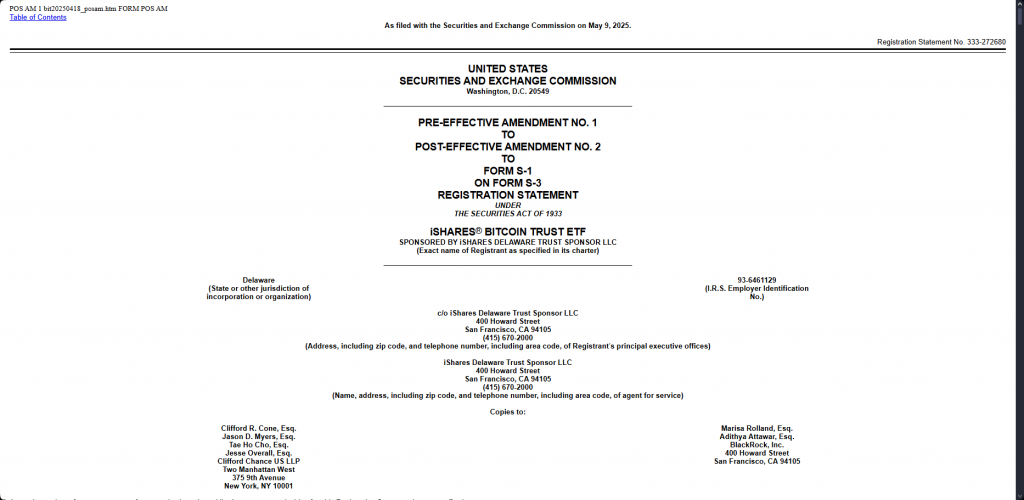 Blackrock iShares Bitcoin Trust ETF SEC Application