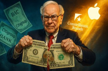 Warren Buffett tearing US dollar bill in half