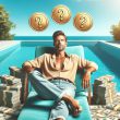 A man lounging near a pool with money around