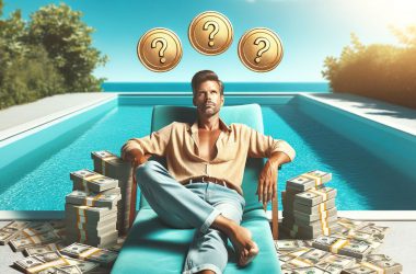 A man lounging near a pool with money around