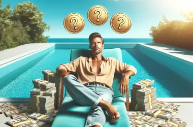 A man lounging near a pool with money around