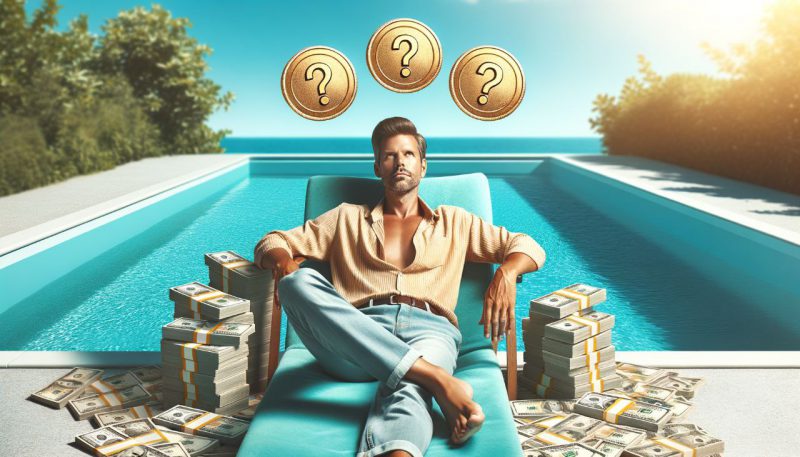 A man lounging near a pool with money around
