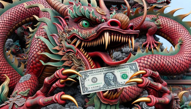 US dollar clutched by a Chinese Dragon