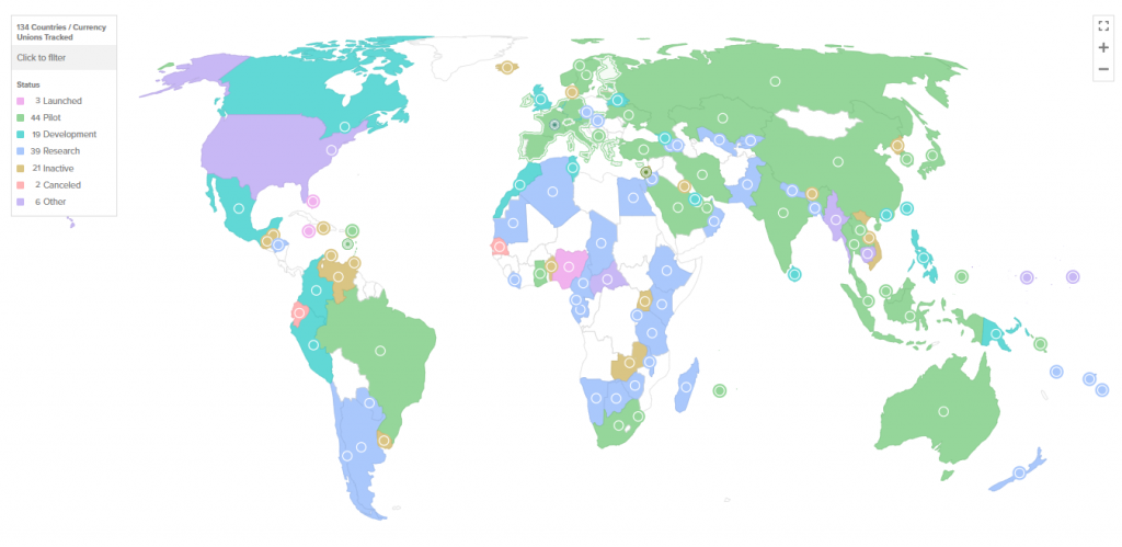 World map showing countries with active CBDC programs