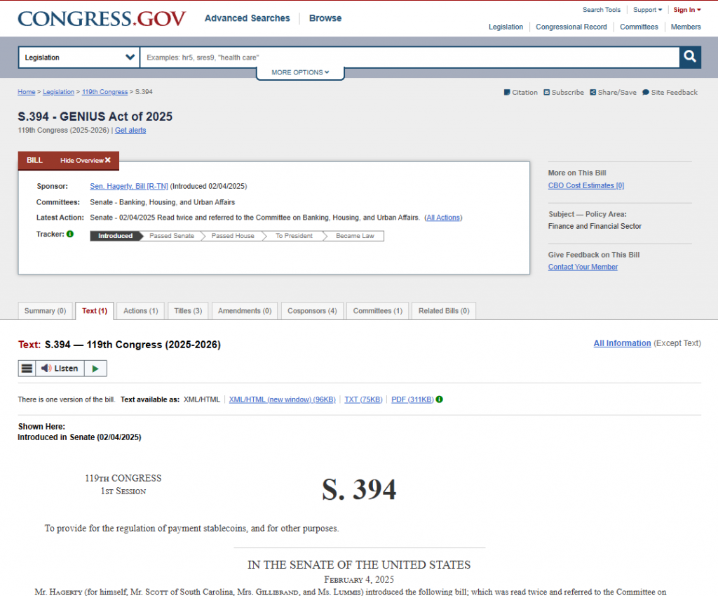 screenshot of the S.394 - GENIUS Act of 2025
