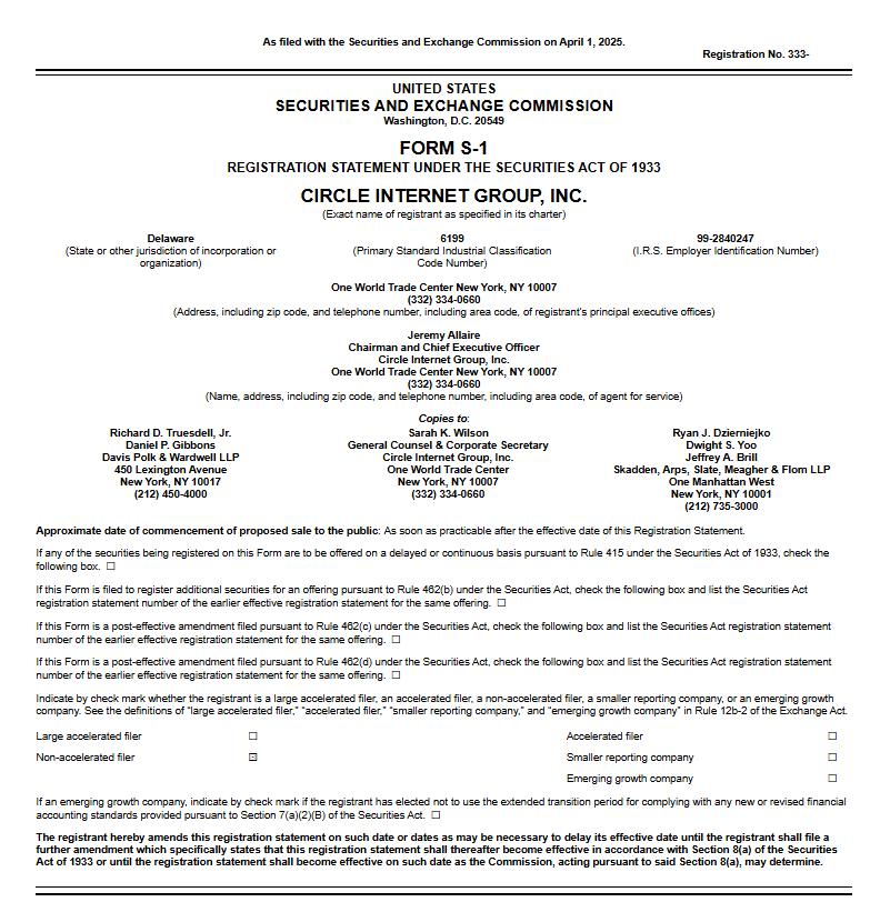 Circle Internet Group SEC Form S-1 registration statement
