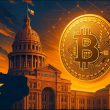Texas Comptroller office building with Bitcoin symbols