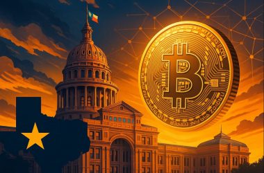 Texas Comptroller office building with Bitcoin symbols