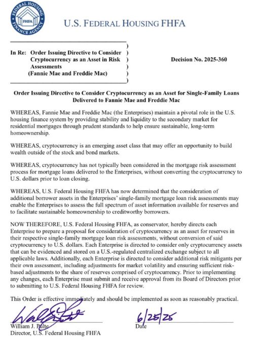 FHFA Director William J. Pulte issued the directive Wednesday
