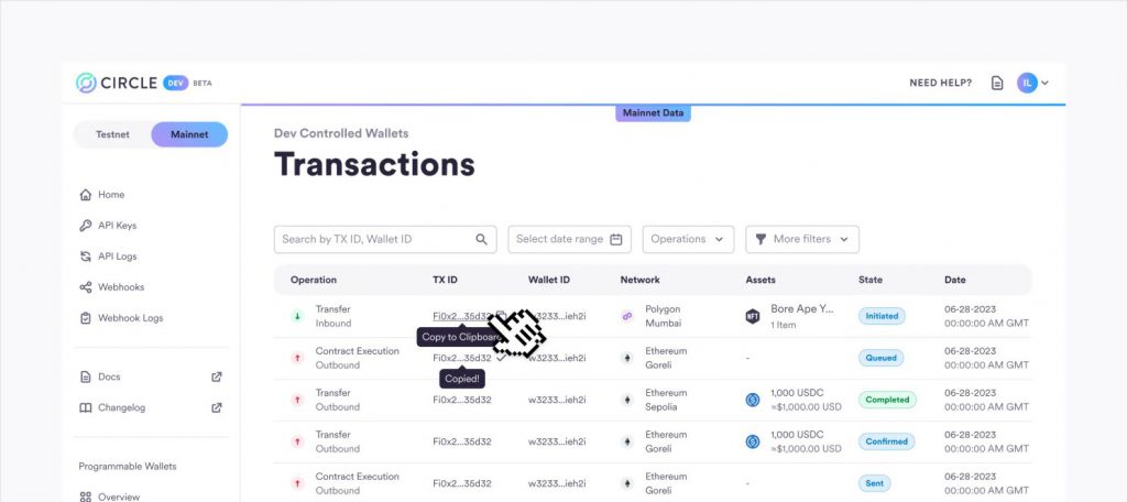 Circle Web3 wallet platform interface