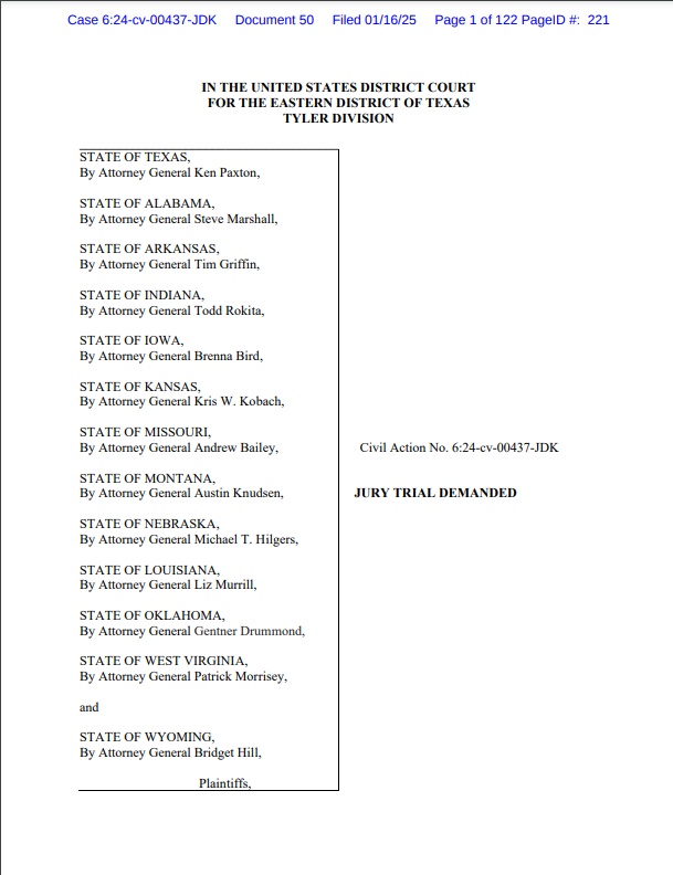 Texas federal court filing showing multiple states involved