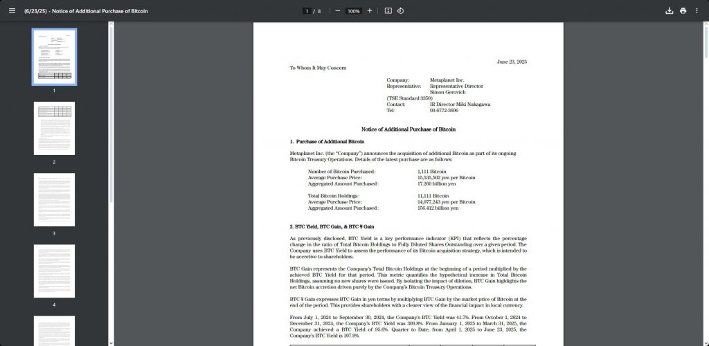 MetaPlanet Notice of Additional Purchase of Bitcoin