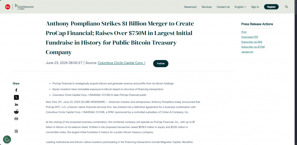Bitcoin treasury merger announcement